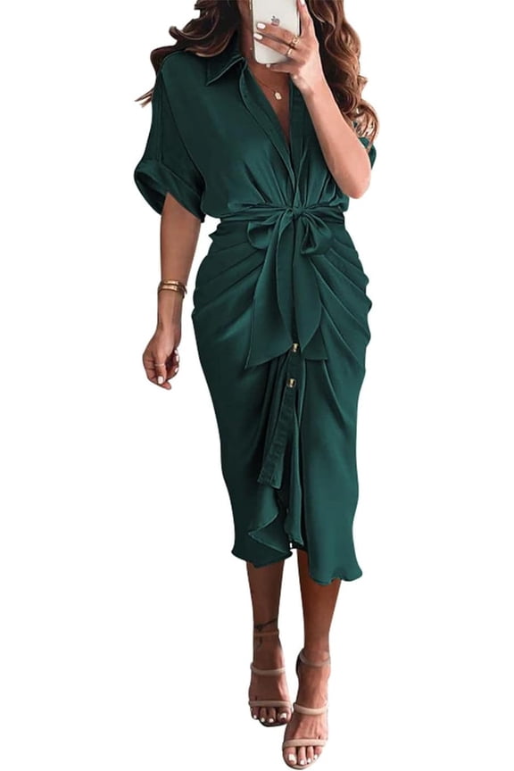 Shirt Dresses for Women Spring Button Short Sleeve Silk Satin Ruched Maxi Summer Dress Cocktail Party Wedding
