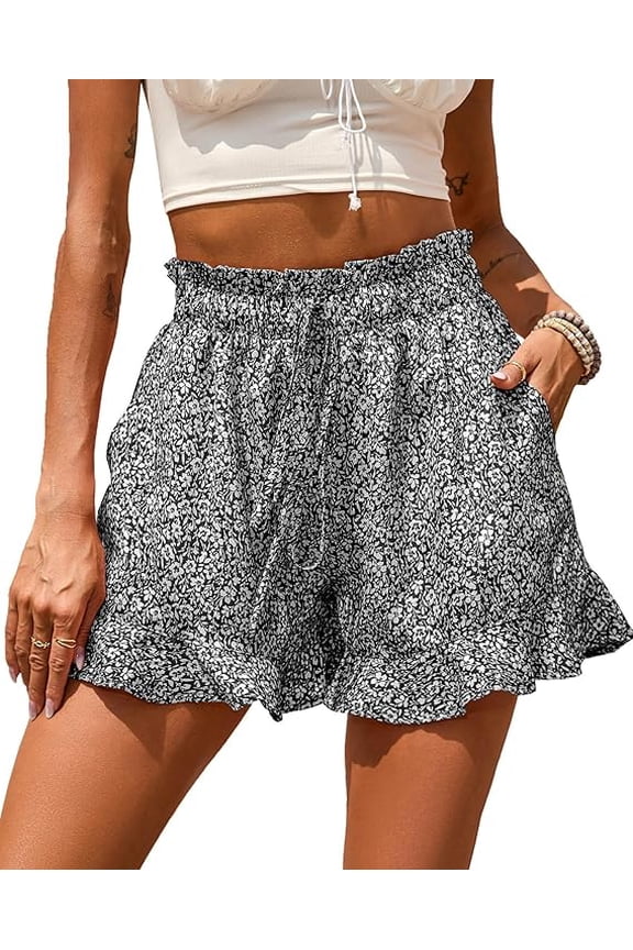 Shorts for Women Spring Summer Beach Vacation Clothes Boho Floral Belted Casual Ruffle Short Pants Pocket Outfits