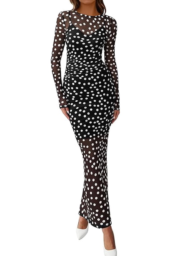 Spring Dresses for Women 2 Piece Set Long Sleeve Polka Dot Sexy Bodycon Mesh Dress and Slip Dress Wedding