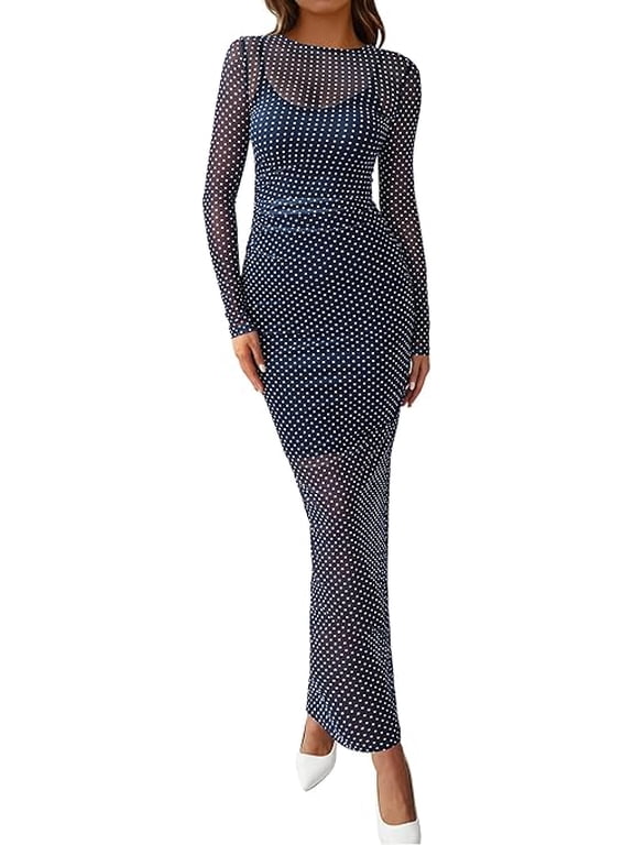 Spring Dresses for Women 2 Piece Set Long Sleeve Polka Dot Sexy Bodycon Mesh Dress and Slip Dress Wedding