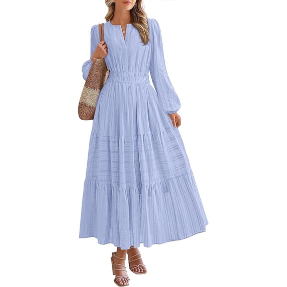 BTFBM Spring Dresses for Women 2026 Casual Long Sleeve V Neck Elastic Waist Lightweight Maxi Wedding Guest Dress Pockets