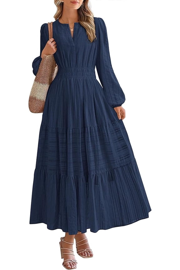 Spring Dresses for Women 2026 Casual Long Sleeve V Neck Elastic Waist Lightweight Maxi Wedding Guest Dress Pockets