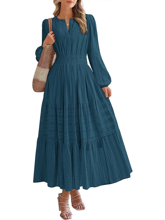 Spring Dresses for Women 2026 Casual Long Sleeve V Neck Elastic Waist Lightweight Maxi Wedding Guest Dress Pockets