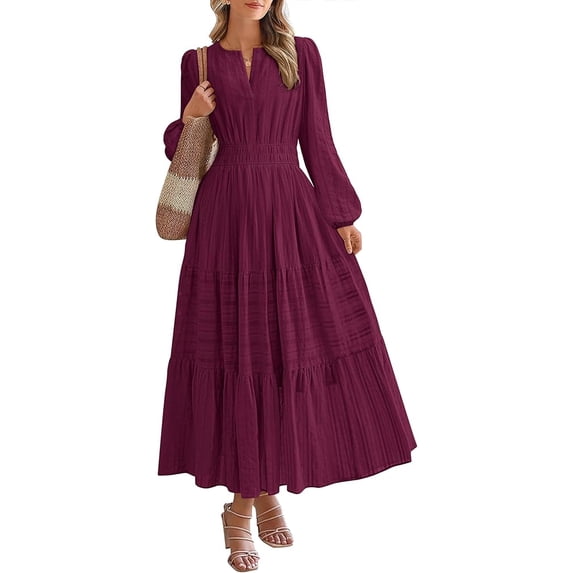 BTFBM Spring Dresses for Women 2026 Casual Long Sleeve V Neck Elastic Waist Lightweight Maxi Wedding Guest Dress Pockets