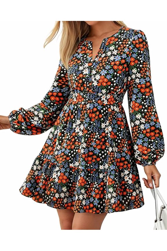 Spring Dresses for Women Mini Long Sleeve Elastic Waist Summer Vacation Outfits Floral Wedding Guest Dress