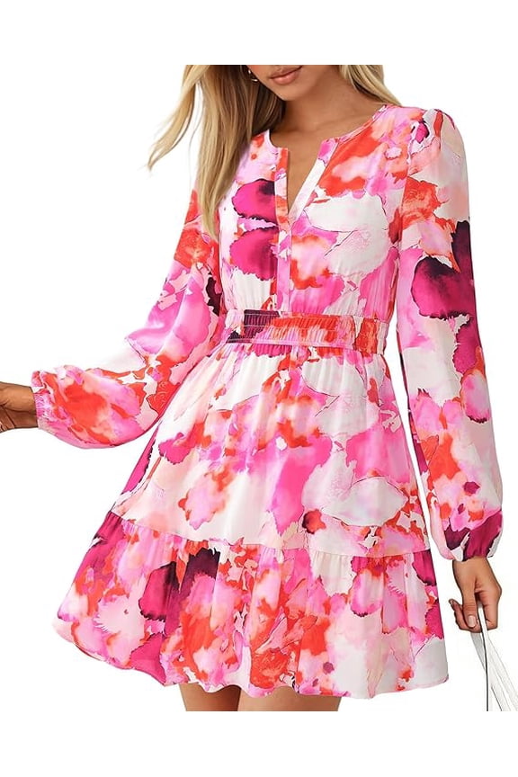 Spring Dresses for Women Mini Long Sleeve Elastic Waist Summer Vacation Outfits Floral Wedding Guest Dress