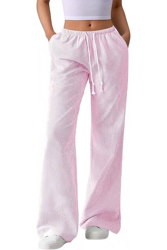 Striped Wide Leg Pants for Women Spring Summer Drawstring Lounge PJ Beach Bottoms Casual Trousers Pockets