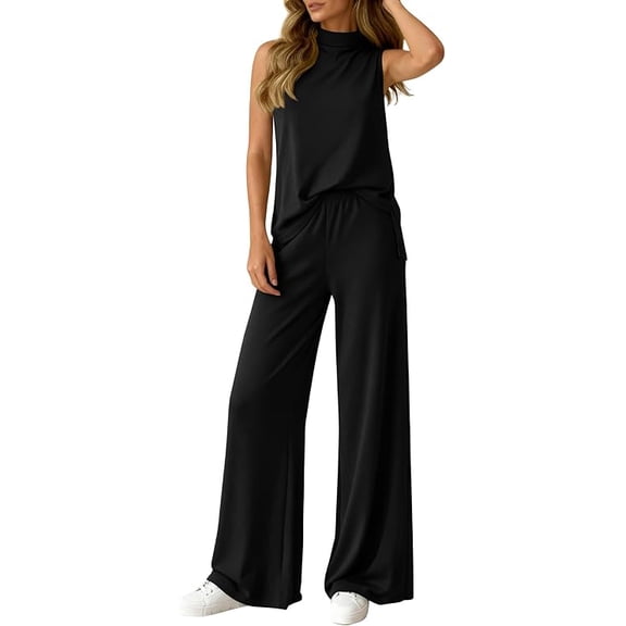 BTFBM Summer 2 Piece Lounge Sets For Women Sleeveless Mock Neck Wide Leg Loose Spring Vacation Airport Travel Outfits