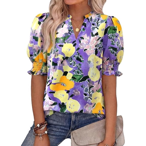 BTFBM Summer Blouses for Women Dressy Casual Fashion Spring Tops Floral Boho V Neck Puff Short Sleeve Top Shirts
