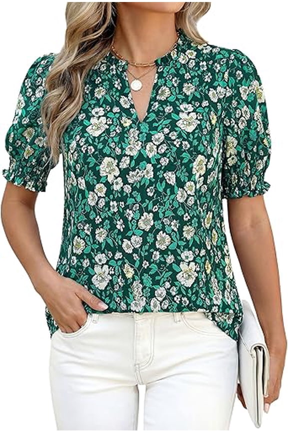 Summer Blouses for Women Dressy Casual Fashion Spring Tops Floral Boho V Neck Puff Short Sleeve Top Shirts