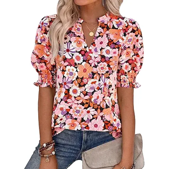 BTFBM Summer Blouses for Women Dressy Casual Fashion Spring Tops Floral Boho V Neck Puff Short Sleeve Top Shirts