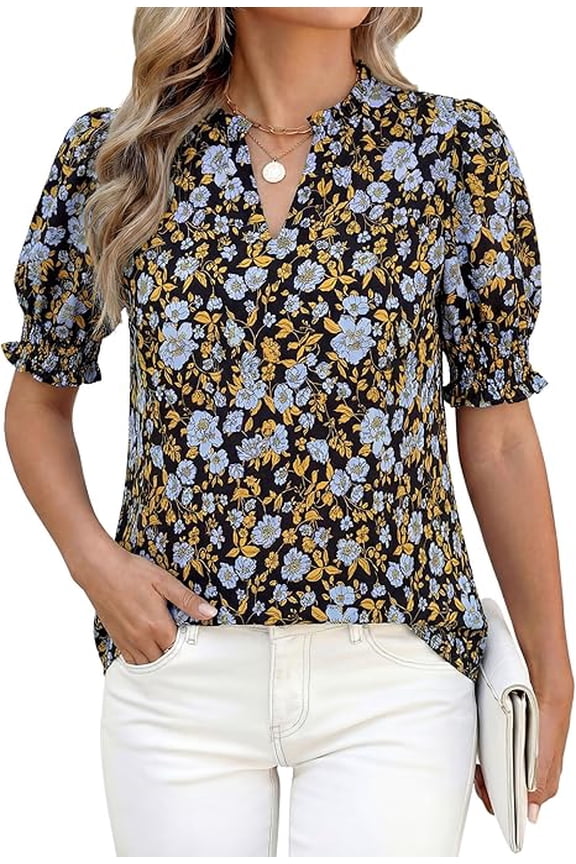 Summer Blouses for Women Dressy Casual Fashion Spring Tops Floral Boho V Neck Puff Short Sleeve Top Shirts