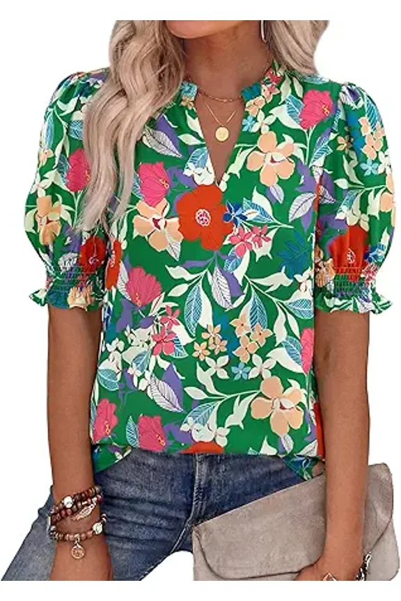 Summer Blouses for Women Dressy Casual Fashion Spring Tops Floral Boho V Neck Puff Short Sleeve Top Shirts