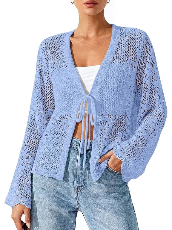 Summer Cardigans for Women Lightweight Spring Crochet Mesh Long Sleeve Tie Front Knit Beach Vacation Outfits