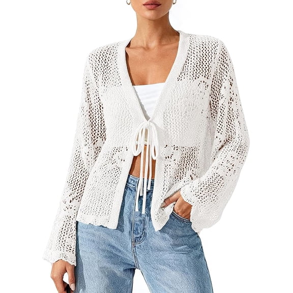 BTFBM Summer Cardigans for Women Lightweight Spring Crochet Mesh Long Sleeve Tie Front Knit Beach Vacation Outfits