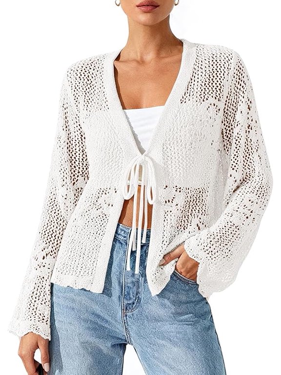 Summer Cardigans for Women Lightweight Spring Crochet Mesh Long Sleeve Tie Front Knit Beach Vacation Outfits