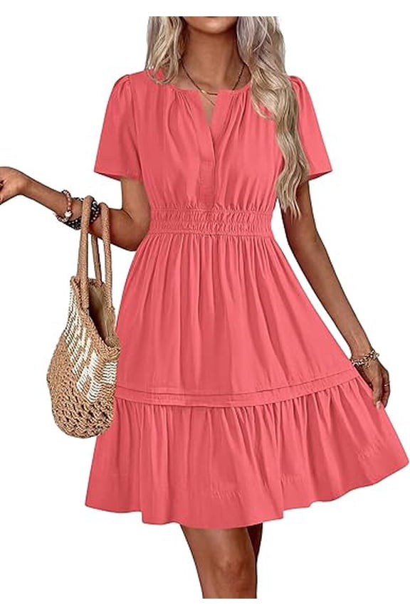 Summer Dresses for Women Casual Boho Sundress Short Sleeve V Neck Ruffle A Line Beach Vacation Mini Dress