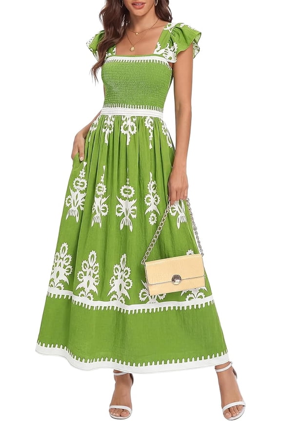 Summer Dresses for Women Casual Floral Boho Sleeveless Square Neck A Line Flowy Beach Maxi Sundress Pockets