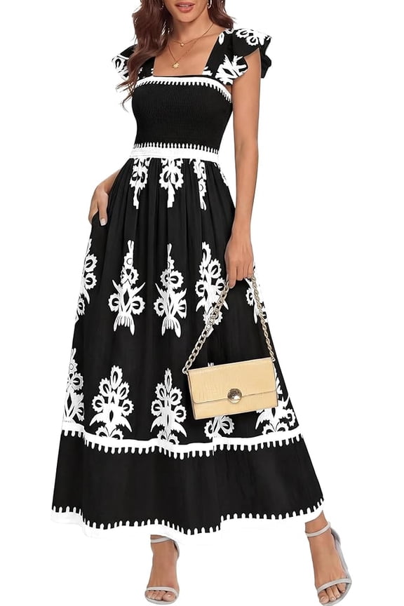 Summer Dresses for Women Casual Floral Boho Sleeveless Square Neck A Line Flowy Beach Maxi Sundress Pockets
