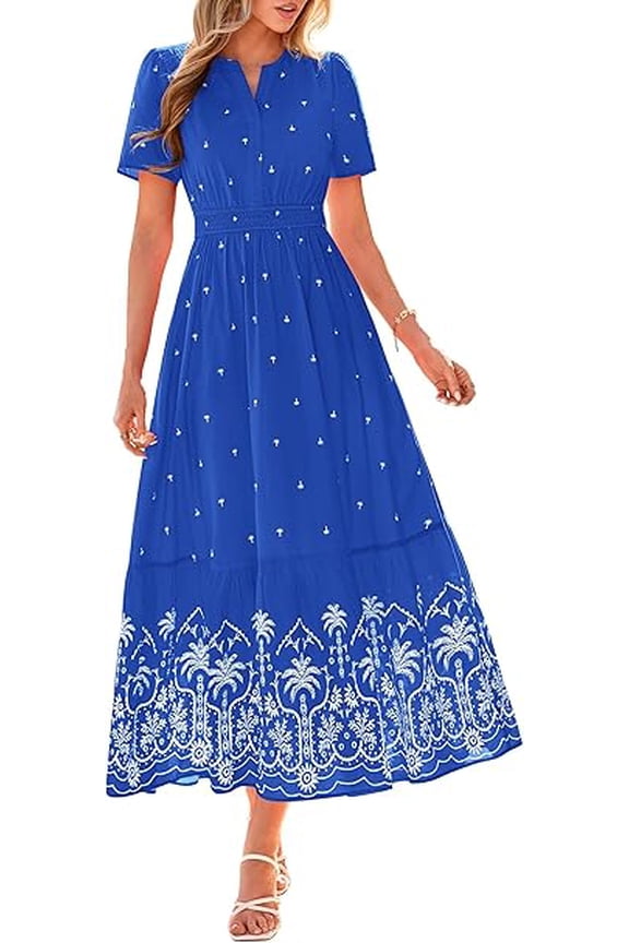Summer Dresses for Women Casual V Neck Short Sleeve Flowy Wedding Guest Beach Vacation Floral Boho Maxi Dress