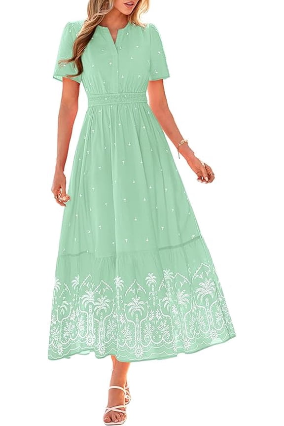Summer Dresses for Women Casual V Neck Short Sleeve Flowy Wedding Guest Beach Vacation Floral Boho Maxi Dress
