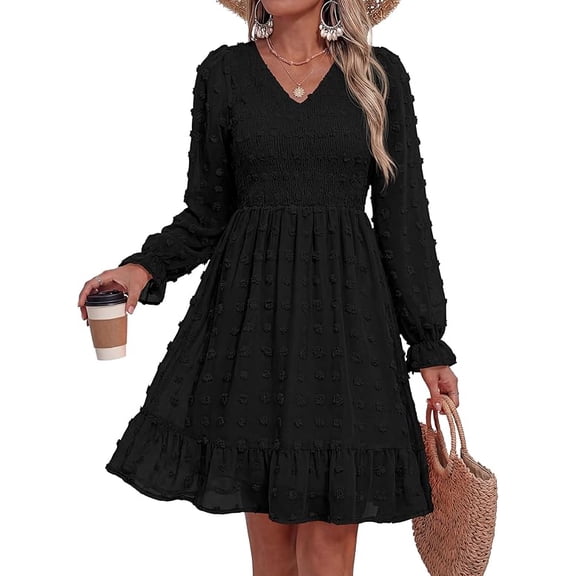 BTFBM Summer Dresses for Women Long Sleeve Casual V Neck Swiss Dot Smocked Ruffle Chiffon Flowy Mini Spring Dress
