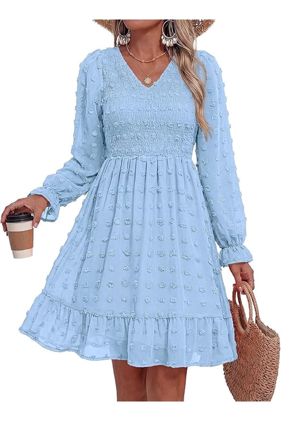 Summer Dresses for Women Long Sleeve Casual V Neck Swiss Dot Smocked Ruffle Chiffon Flowy Mini Spring Dress