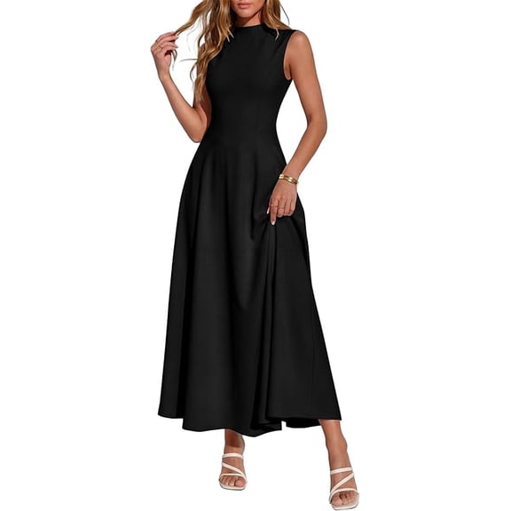 BTFBM Summer Dresses for Women Mock Neck Sleeveless High Waist Flowy Aline Maxi Spring Wedding Guest Dress Cocktail