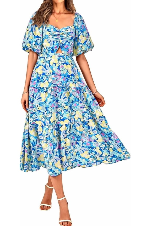 Summer Dresses for Women Spring Outfits Beach Vacation Short Sleeve Smocked Boho Casual Floral Maxi Dress