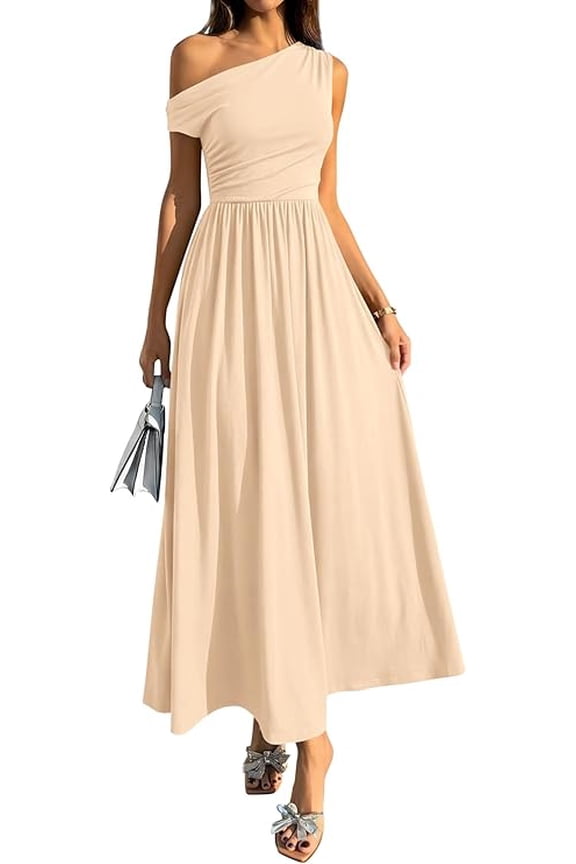 Summer Maxi Dresses for Women Sleeveless One Shoulder Casual Beach Party Sundress Flowy Pockets