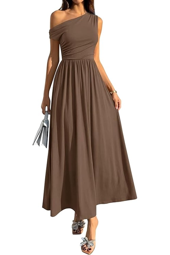 Summer Maxi Dresses for Women Sleeveless One Shoulder Casual Beach Party Sundress Flowy Pockets