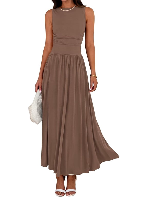 Summer Maxi Dresses for Women Spring Sleeveless Casual Ruched High Waisted Long Sundress Flowy Beach Dress