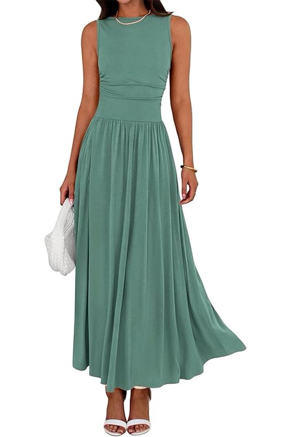 Summer Maxi Dresses for Women Spring Sleeveless Casual Ruched High Waisted Long Sundress Flowy Beach Dress
