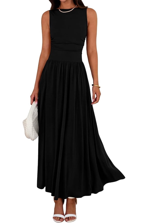 Summer Maxi Dresses for Women Spring Sleeveless Casual Ruched High Waisted Long Sundress Flowy Beach Dress