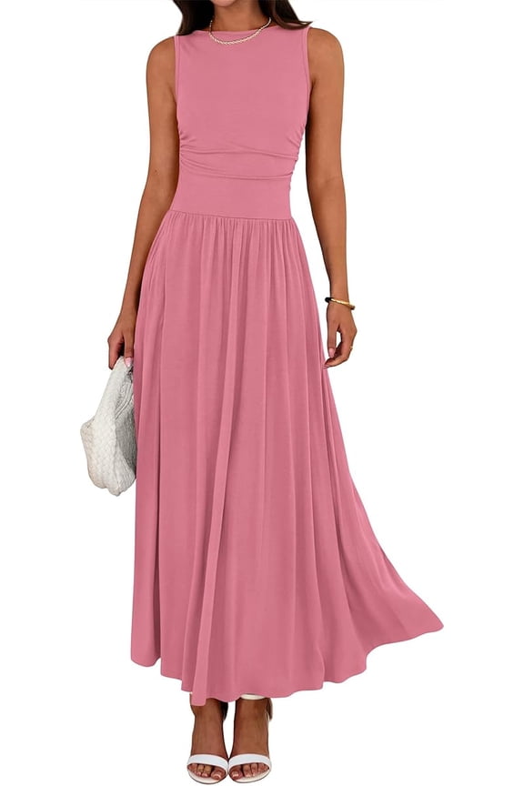 Summer Maxi Dresses for Women Spring Sleeveless Casual Ruched High Waisted Long Sundress Flowy Beach Dress