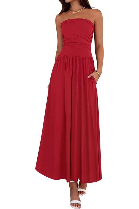 Summer Maxi Dresses for Women Strapless Ruched Tube Top Beach Vacation Spring Wedding Guest Dress Pockets