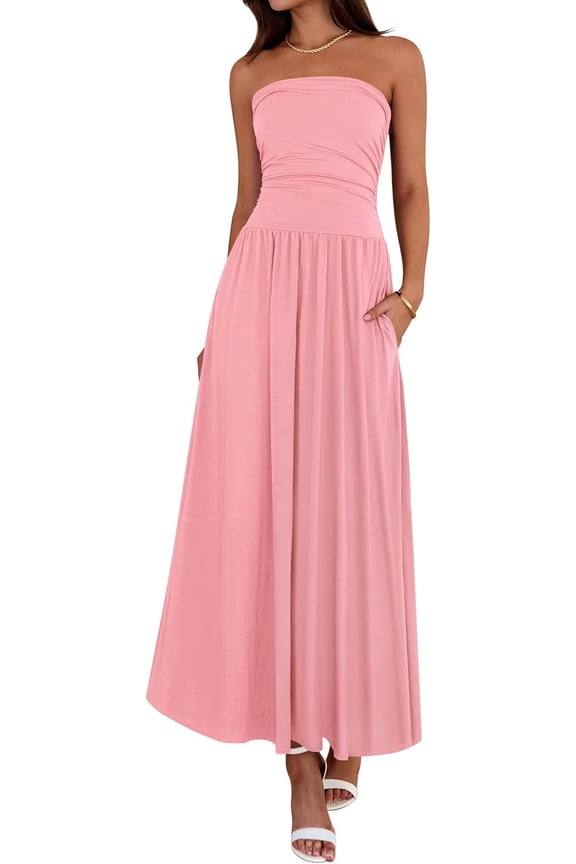 Summer Maxi Dresses for Women Strapless Ruched Tube Top Beach Vacation Spring Wedding Guest Dress Pockets