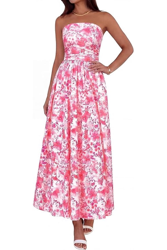 Summer Maxi Dresses for Women Strapless Tube Top Floral Spring Wedding Guest Dress Beach Vacation Outfits