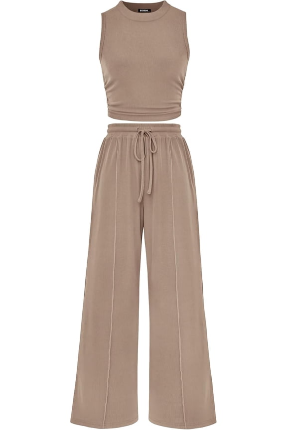Summer Outfits For Women Cropped Sleeveless Tank Tops Wide Leg Pants 2 Piece Sets Beach Lounge Set Clothing
