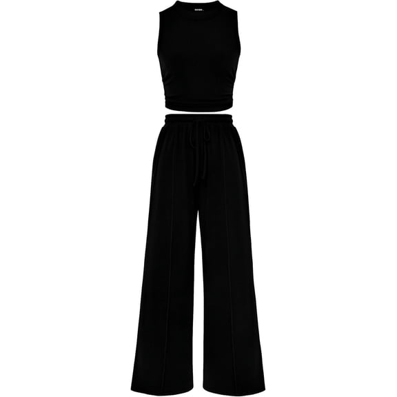 BTFBM Summer Outfits For Women Cropped Sleeveless Tank Tops Wide Leg Pants 2 Piece Sets Beach Lounge Set Clothing