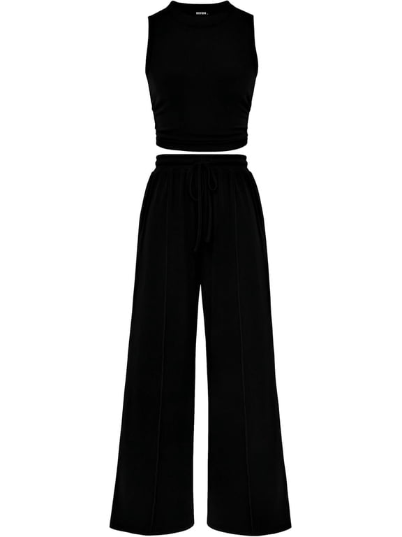 Summer Outfits For Women Cropped Sleeveless Tank Tops Wide Leg Pants 2 Piece Sets Beach Lounge Set Clothing