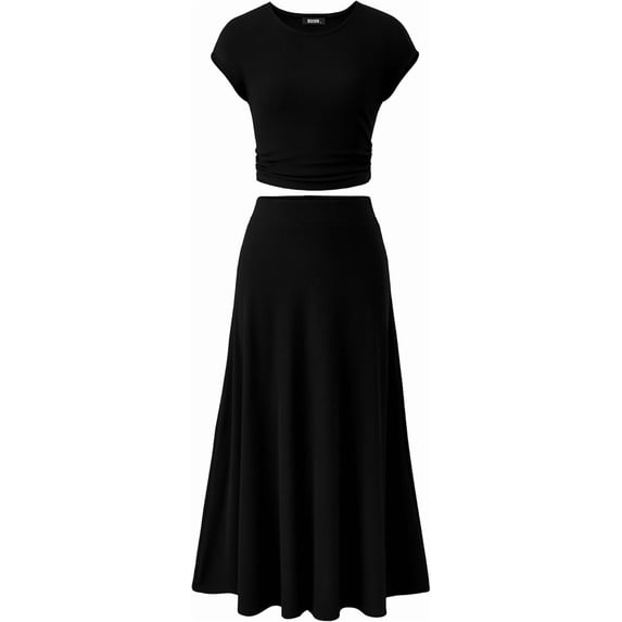BTFBM Summer Outfits For Women Two Piece Sets Casual Crew Neck Short Sleeve Cropped Spring Tops Midi Skirt Lounge Set