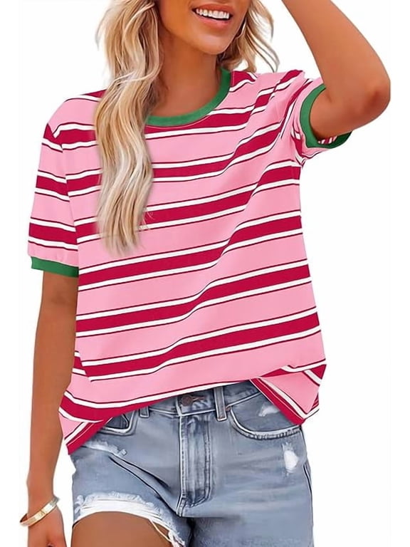 Summer Tops for Women Crewneck Short Sleeve Striped T Shirts Casual Spring Clothes Color Block Basic Tee Blouses