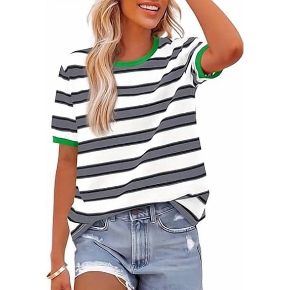 BTFBM Summer Tops for Women Crewneck Short Sleeve Striped T Shirts Casual Spring Clothes Color Block Basic Tee Blouses