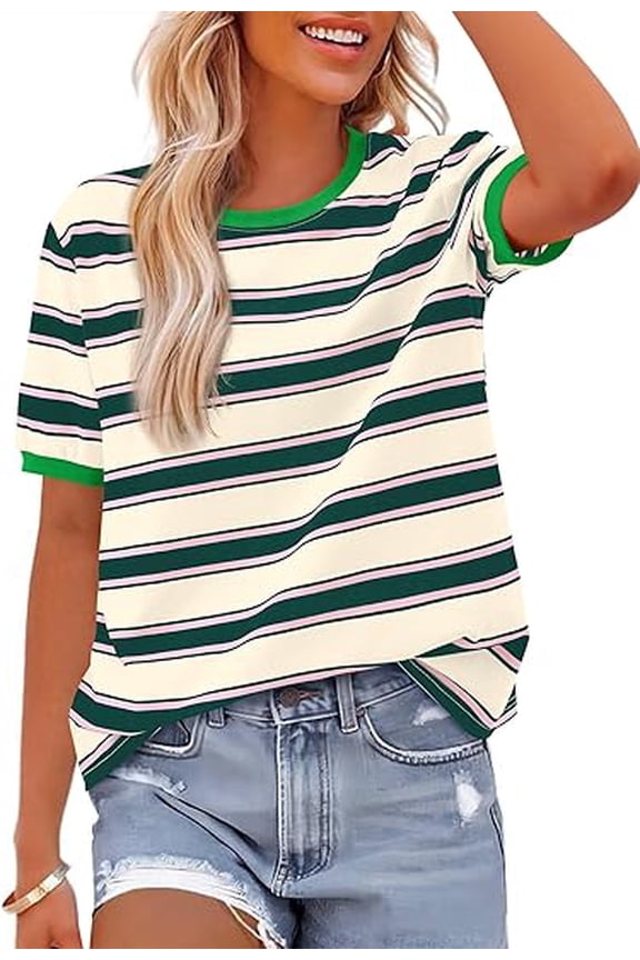 Summer Tops for Women Crewneck Short Sleeve Striped T Shirts Casual Spring Clothes Color Block Basic Tee Blouses