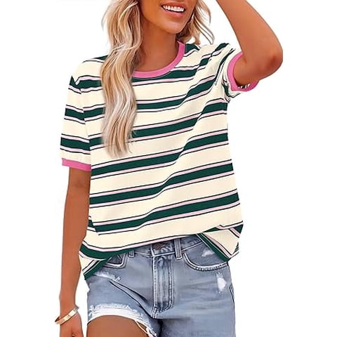 Summer Tops for Women Crewneck Short Sleeve Striped T Shirts Casual Spring Clothes Color Block Basic Tee Blouses