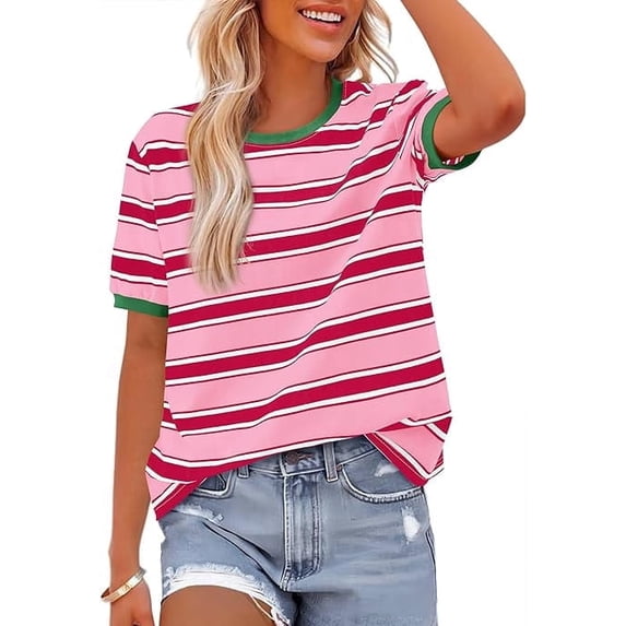 BTFBM Summer Tops for Women Crewneck Short Sleeve Striped T Shirts Casual Spring Clothes Color Block Basic Tee Blouses