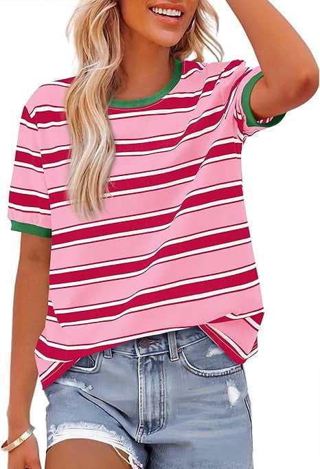 Summer Tops for Women Crewneck Short Sleeve Striped T Shirts Casual Spring Clothes Color Block Basic Tee Blouses