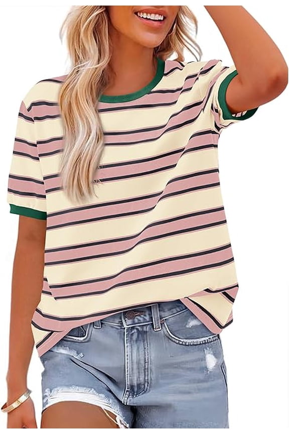 Summer Tops for Women Crewneck Short Sleeve Striped T Shirts Casual Spring Clothes Color Block Basic Tee Blouses