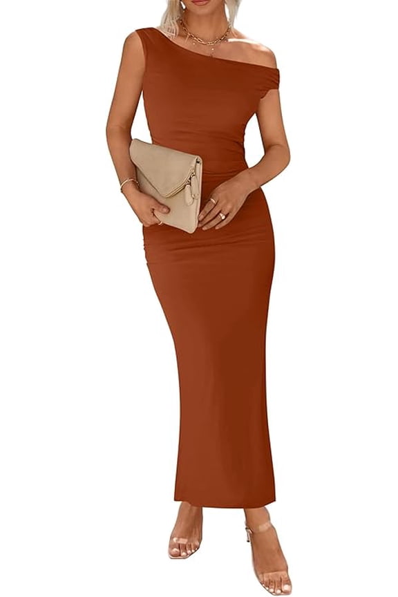 Summer Wedding Guest Dresses for Women One Shoulder Bodycon Ruched Mesh Formal Cocktail Spring Fall Maxi Dress